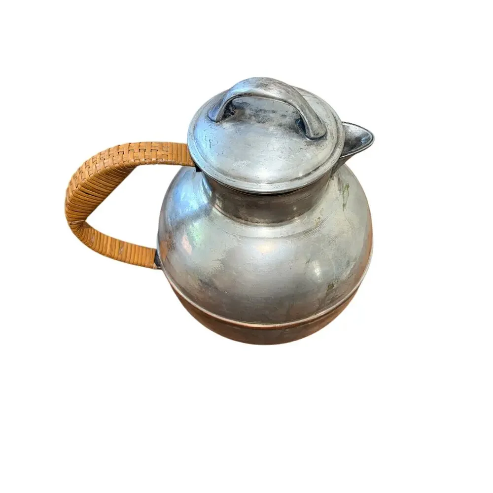 Vintage Silver-Plate Electroplated Copper Tea Kettle W/ Rattan Handle